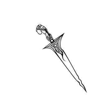A black and white drawing of a fantasy dagger with an ornate hilt