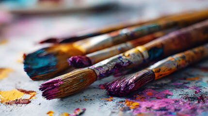 Fototapeta premium Artistic activity theme, bright messy aesthetic, sharp focus on bristles, and side copy space.