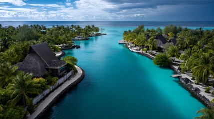 Fototapeta premium Aerial View of a Tropical Island Resort Surrounded by Turquoise Water