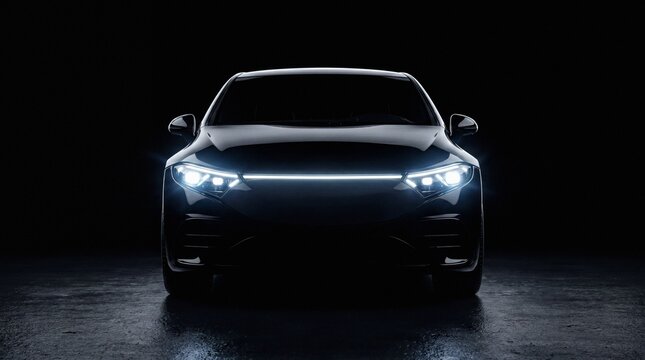 Sleek Electric Car Front View with Glowing LED Headlights on a Dark Background