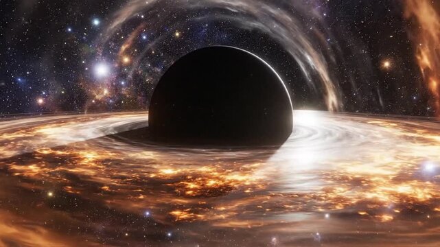 Cinematic detailed close up of a massive cosmic black hole singularity with swirling orange accretion disk in dark deep space abyss ethereal galaxy nebula stellar gravitational phenomenon
