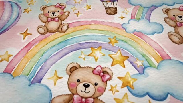 Cute Teddy Bear Hot Air Balloon Rainbow Clouds Stars Watercolor Illustration