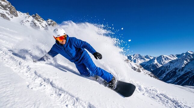 Snowboarder in blue carving powder on a sunny alpine mountain extreme winter sports action under clear blue sky