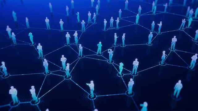Loopable 3D Animation: Isometric view of Crowd of Connected People in Dark Blue Digital Space. User Avatars in Virtual World of Social Media, Internet and Content. Futuristic Digital Society.