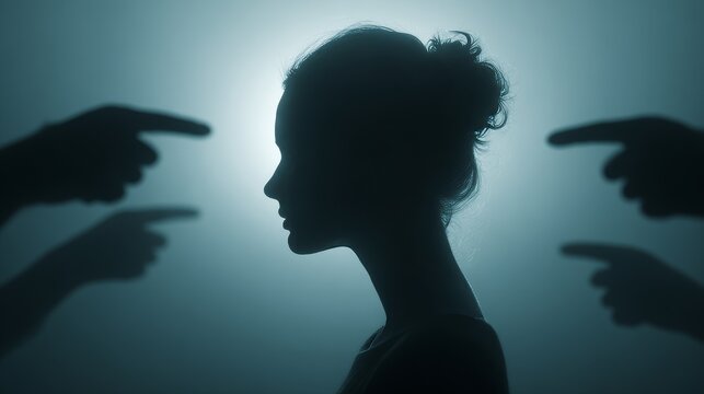 Image explores social pressure and judgment, showing a woman's silhouette in profile surrounded by accusatory fingers in a minimalistic style