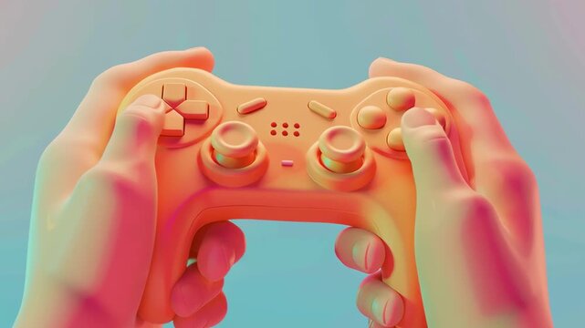 Close up of a person holding a video game controller. 3D illustration style