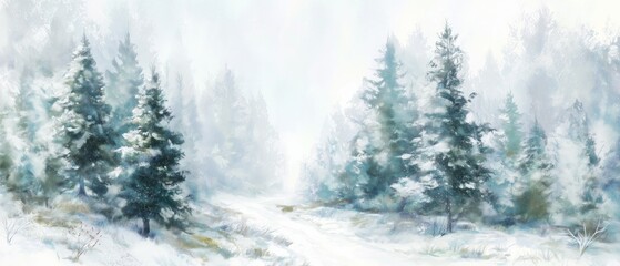 Fototapeta premium Tranquil Winter Forest Watercolor. watercolor winter snowfall pine tree land colorful
