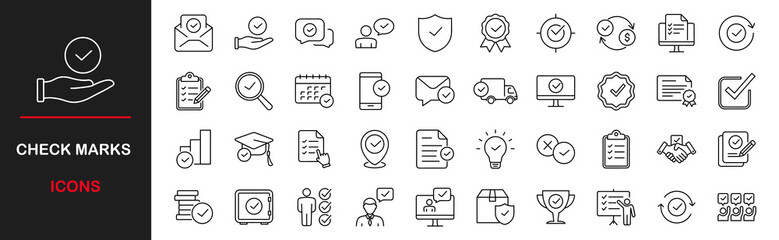 Check marks web icons set. Approved marks sign - simple thin line icons collection. Containing accepted document, quality check, approved, check list, warranty and more. Simple web icons set