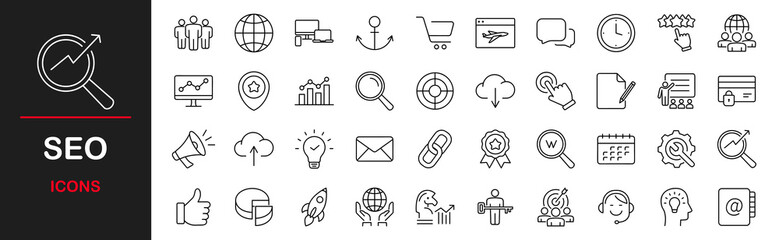 SEO web icons set. Search Engine Optimization - simple thin line icons collection. Containing target, website stats, watch list, marketing and more. Simple web icons set