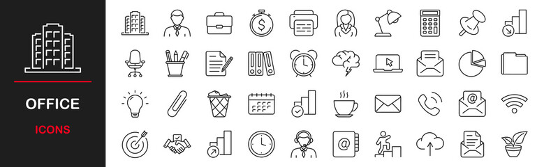 Plakat Office web icons set. Work place - simple thin line icons collection. Containing office building, workplace, business communication, business, company, work, and more. Simple web icons set