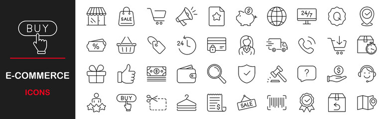 E -Commerce web icons set. E - Commerce - simple thin line icons collection. Containing shopping cart, support, credit card, discount, search, market, shop, delivery and more. Simple web icons set
