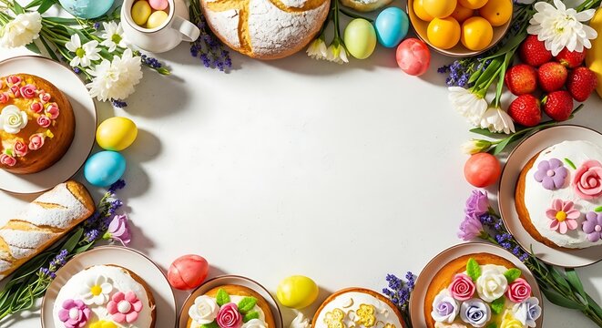 Easter sunday celebration with traditional easter eggs and baked goods