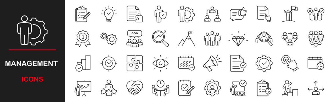 Management web icons set. Management - simple thin line icons collection. Containing vision, mission, values, human resource, money management, experience and more. Simple web icons set
