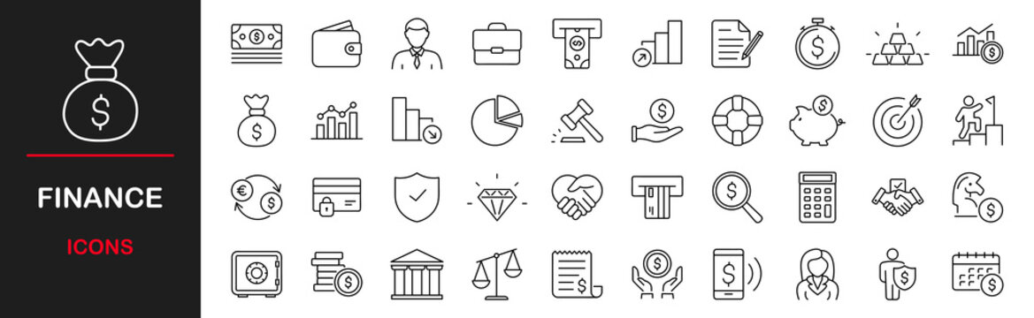 Finance web icons set. Money - simple thin line icons collection. Containing wallet, ATM, bundle of money, hand with a coin, portfolio analysis, financial report and more. Simple web icons set