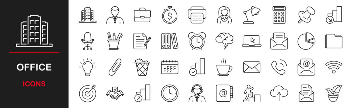 Office web icons set. Work place - simple thin line icons collection. Containing office building, workplace, business communication, business, company, work, and more. Simple web icons set