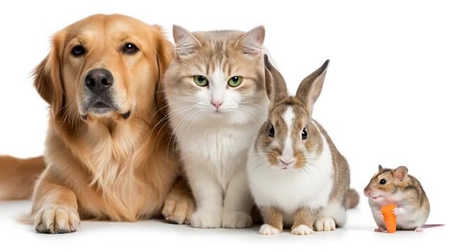 Golden Retriever dog with cat, rabbit, and guinea pig on white background