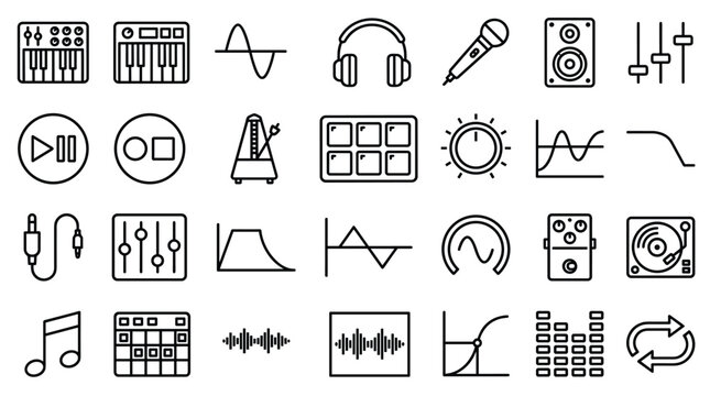 Set of audio and music production line icons