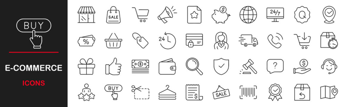 E -Commerce web icons set. E - Commerce - simple thin line icons collection. Containing shopping cart, support, credit card, discount, search, market, shop, delivery and more. Simple web icons set