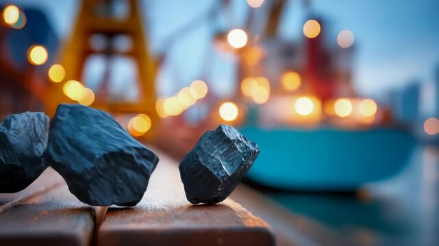Close-up of black coal pieces on a wooden surface with an industrial port background at dusk