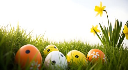 Fototapeta premium Easter sunday eggs in grass with daffodils symbolizing springtime and holiday cheer