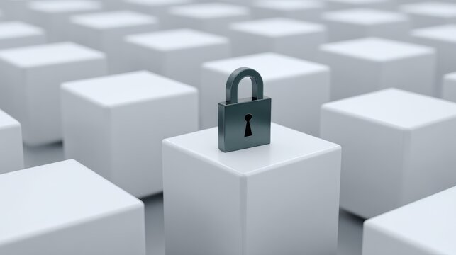 Padlock standing on white cube among many identical blocks. Concept of cybersecurity, data protection and individuality. Unique solution for digital safety and privacy strategy.