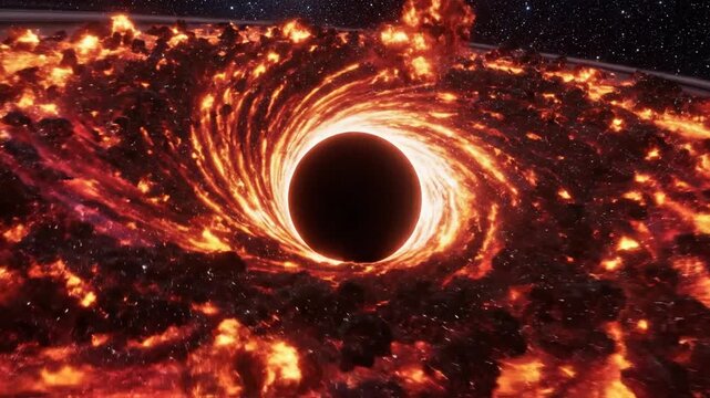 Cinematic depiction of an infernal singularity with swirling cosmic flame and intense heat surrounding a massive black hole event horizon in the depths of deep space 4K resolution render