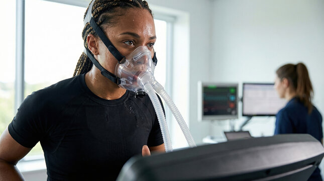 A sweaty athlete wearing a mask runs on a treadmill during a VO2 max test. This image conveys health assessment, scientific research, and athletic performance. Ideal for fitness content.