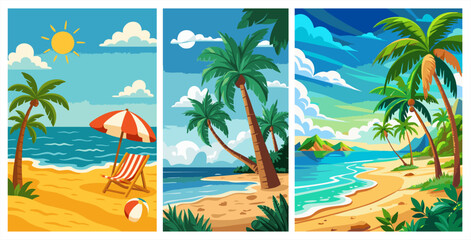 Obraz premium Vibrant tropical beach posters featuring palm trees, ocean waves, sun loungers, and blue skies in a modern flat illustration style.