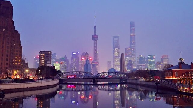 Shanghai skyline with Oriental Pearl Tower and Lujiazui financial district during sunrise and sunset, China. February 15, 2026