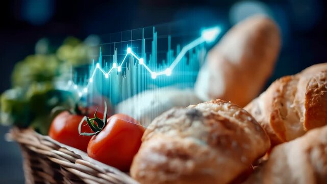 Grocery basket with bread, vegetables and rising price chart symbolizing food inflation and cost growth