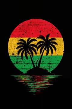 Tropical reggae sunset illustration with palm trees island and rastafarian color circle