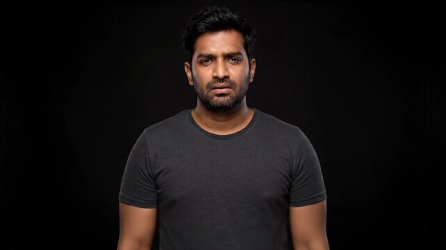A series of images showing a man in a black t-shirt against a dark background, displaying different facial expressions and head positions in a progression from intense to neutral.