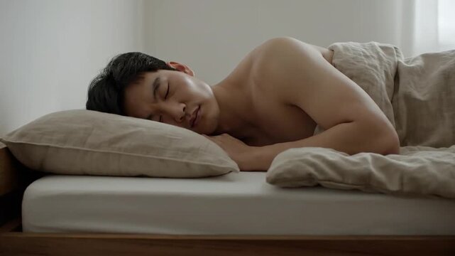 A young man sleeps peacefully on his side in a well-lit bedroom, resting on a bed with beige bedding and pillows, near a window.