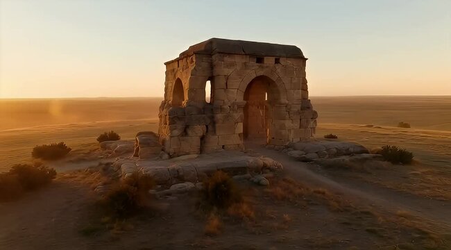 ancient stone structure stands on a hilltop illuminated by golden sunset