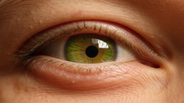 Extreme macro close up of green human eye iris pupil and eyelashes with realistic skin texture cinematic vision shot
