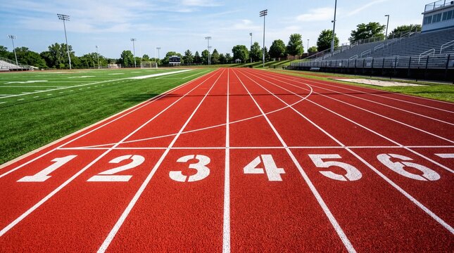 Numbered lanes of a red athletic running track at an outdoor stadium