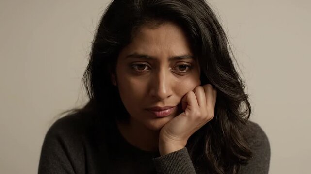 A woman with dark wavy hair and expressive eyes appears distressed, resting her chin on her hand, in a dimly lit, neutral background across multiple frames showing sadness and concern.