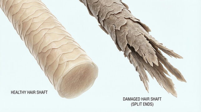 Healthy Hair Shaft vs Damaged Split Ends Microscopic View