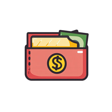 Illustration vectorielle d'un portefeuille rouge contenant des billets de banque verts et une carte dor&eacute;e avec un symbole de dollar central.