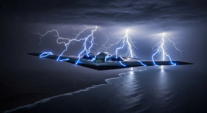 B-2 Spirit flying through a lightning storm over the Persian Gulf coast of Iran at midnight, electric blue lightning illuminating the aircraft, dramatic and ominous