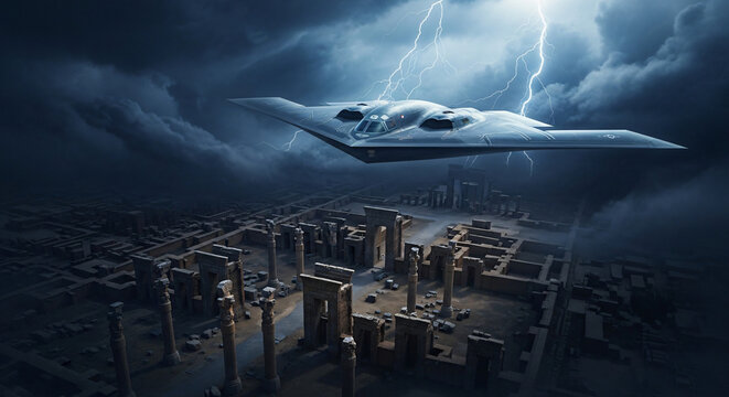 B-2 Spirit stealth bomber emerging from storm clouds above ancient Persian ruins in Iran, dramatic digital concept art, ArtStation style, highly detailed