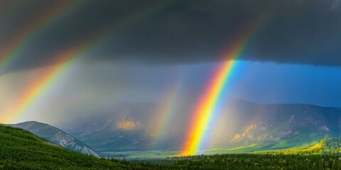 Fototapeta premium Dramatic landscape features vibrant double rainbow over green hills, distant mountains under stormy sky. Beautiful natural scene.