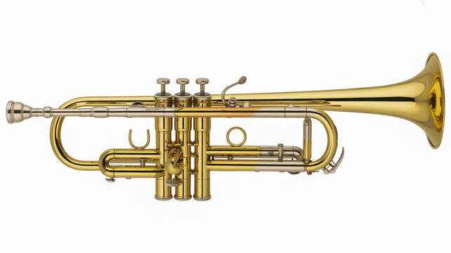 A polished brass trumpet with three valves and a bell flare isolated on transparent background