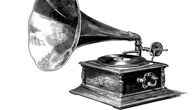Vintage gramophone playing a vinyl record with a large horn