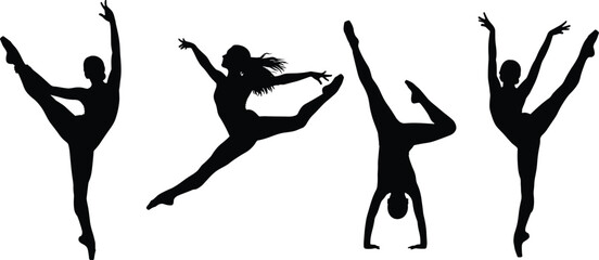 Fototapeta premium gymnast silhouette set, rhythmic gymnastics poses collection, female dancer performing jumps and handstand, athletic ballet sport illustration