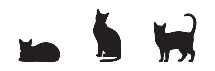 Three black cat silhouettes different poses simple shapes graceful feline forms for design © Mukti