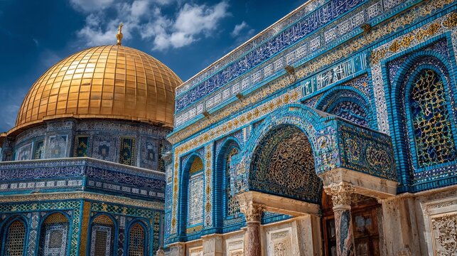 Golden dome and blue tiles adorn the Dome of the Rock in Jerusalem, Israel.