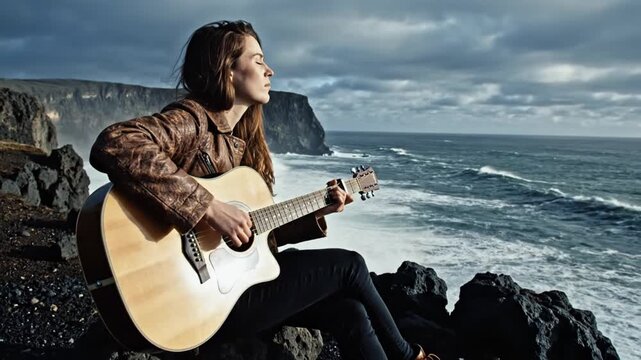 A young person is shown playing an acoustic guitar with eyes closed, deeply absorbed in the music and the dramatic natural surroundings. They are perched on a rugged cliff overlooking a wild ocean, wh