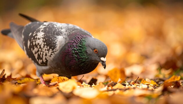 Pigeon foraging in autumn leaves