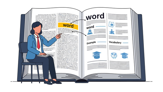Vocabulary Unveiled: An animated illustration of a professional woman presenting a word in an open dictionary, providing a visual representation of language exploration and educational knowledge.